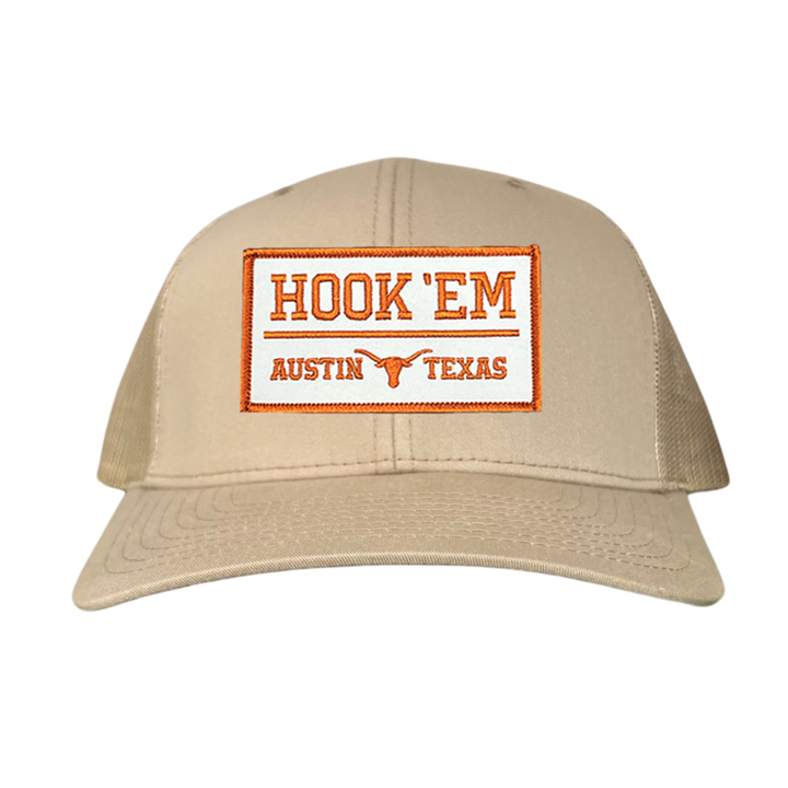 Texas Longhorns HOOK'EM Austin Texas / White - Burnt Orange Rectangle Patch / Hats / 111 / UT9097w / MM