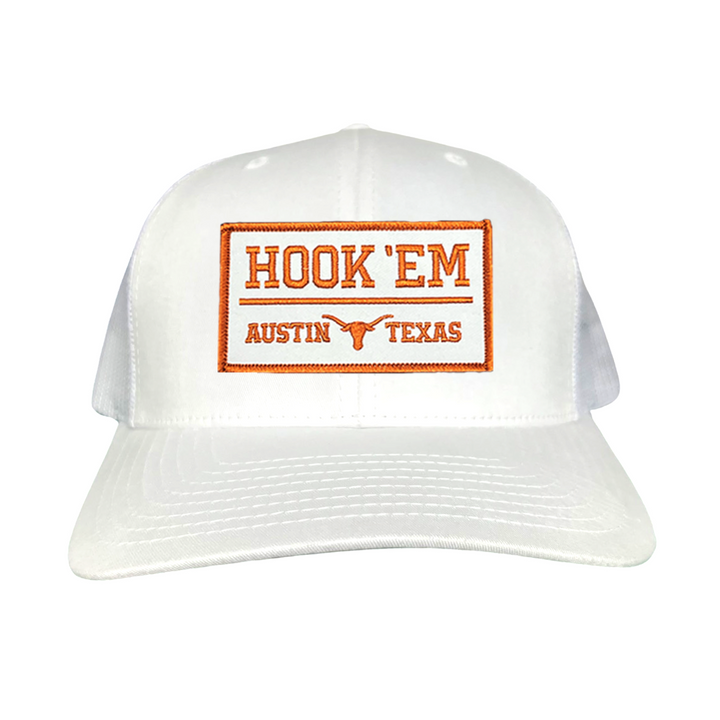 Texas Longhorns HOOK'EM Austin Texas / White - Burnt Orange Rectangle Patch / Hats / 111 / UT9097w / MM