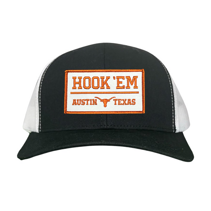 Texas Longhorns HOOK'EM Austin Texas / White - Burnt Orange Rectangle Patch / Hats / 111 / UT9097w / MM