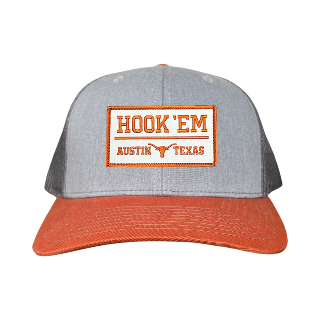 Texas Longhorns HOOK'EM Austin Texas / White - Burnt Orange Rectangle Patch / Hats / 111 / UT9097w / MM