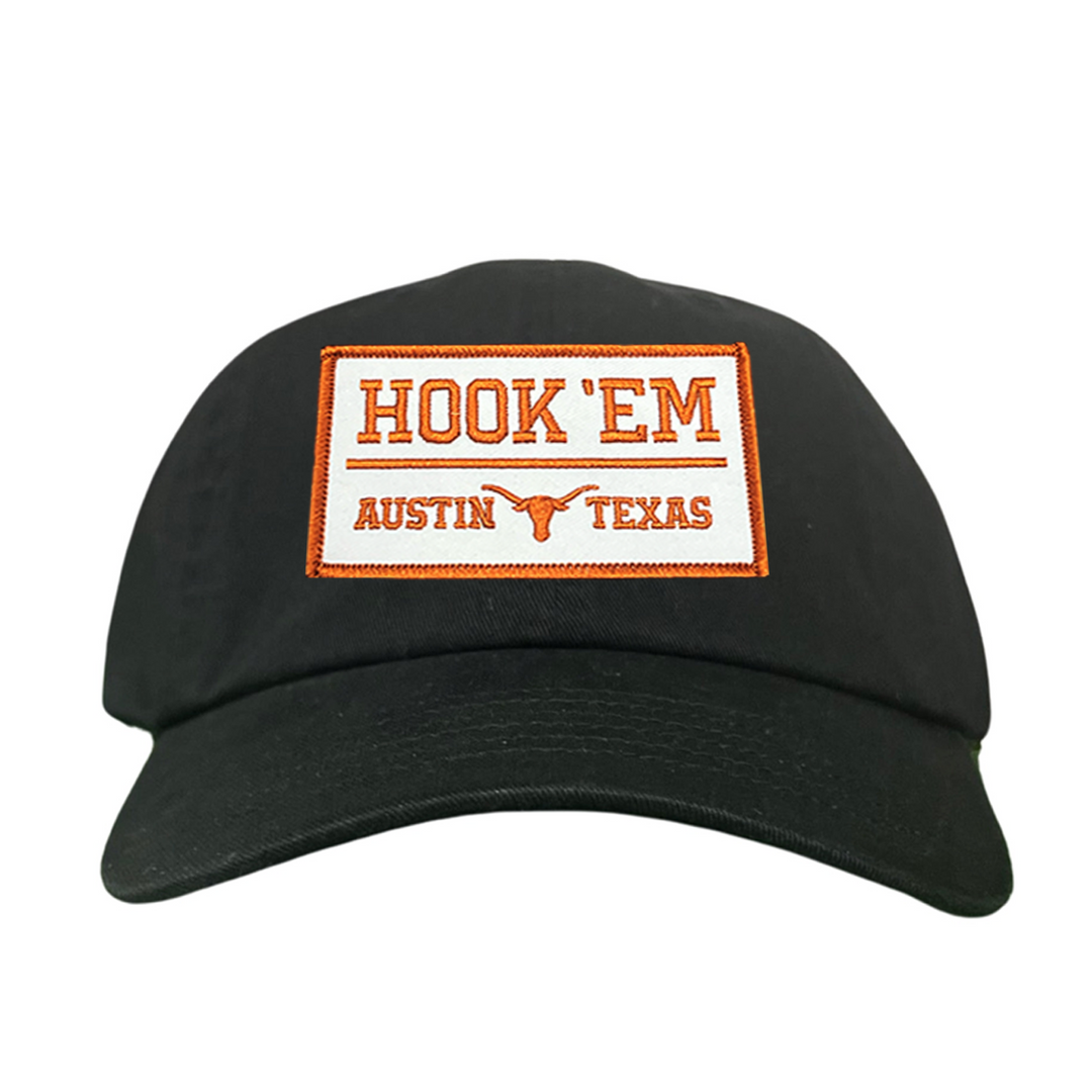 Texas Longhorns HOOK'EM Austin Texas / White - Burnt Orange Rectangle Patch / Hats / 111 / UT9097w / MM