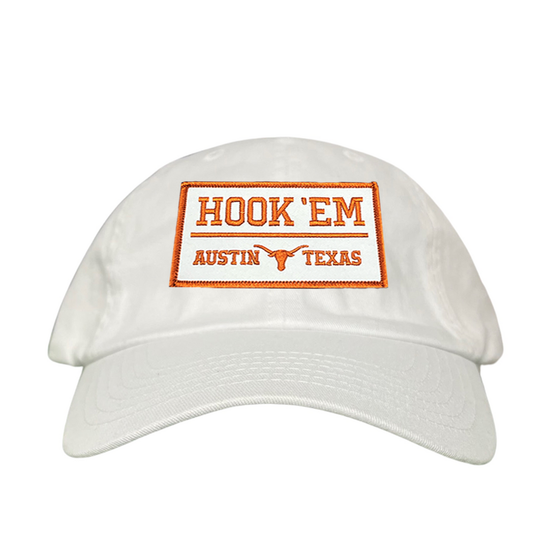 Texas Longhorns HOOK'EM Austin Texas / White - Burnt Orange Rectangle Patch / Hats / 111 / UT9097w / MM