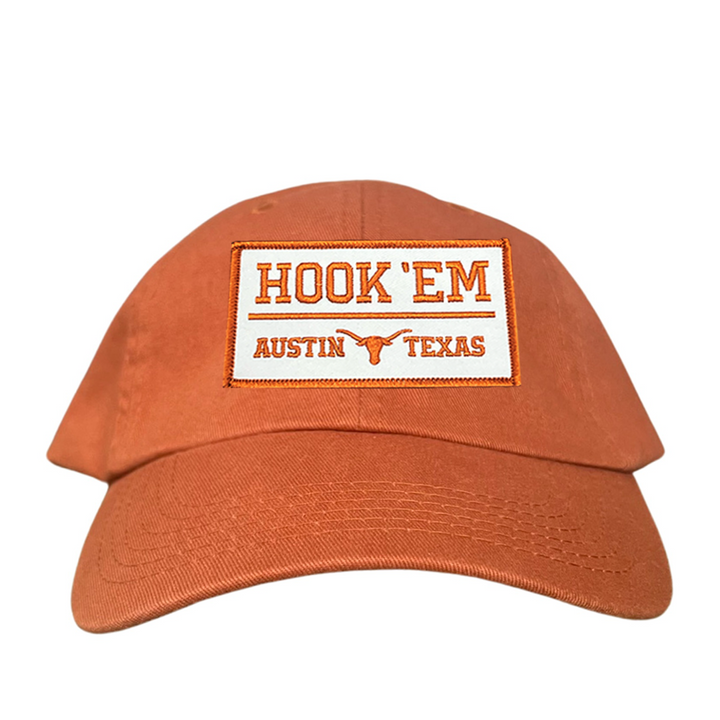 Texas Longhorns HOOK'EM Austin Texas / White - Burnt Orange Rectangle Patch / Hats / 111 / UT9097w / MM