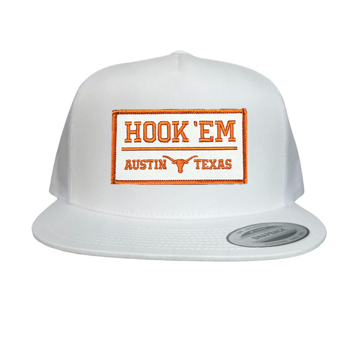 Texas Longhorns HOOK'EM Austin Texas / White - Burnt Orange Rectangle Patch / Hats / 111 / UT9097w / MM