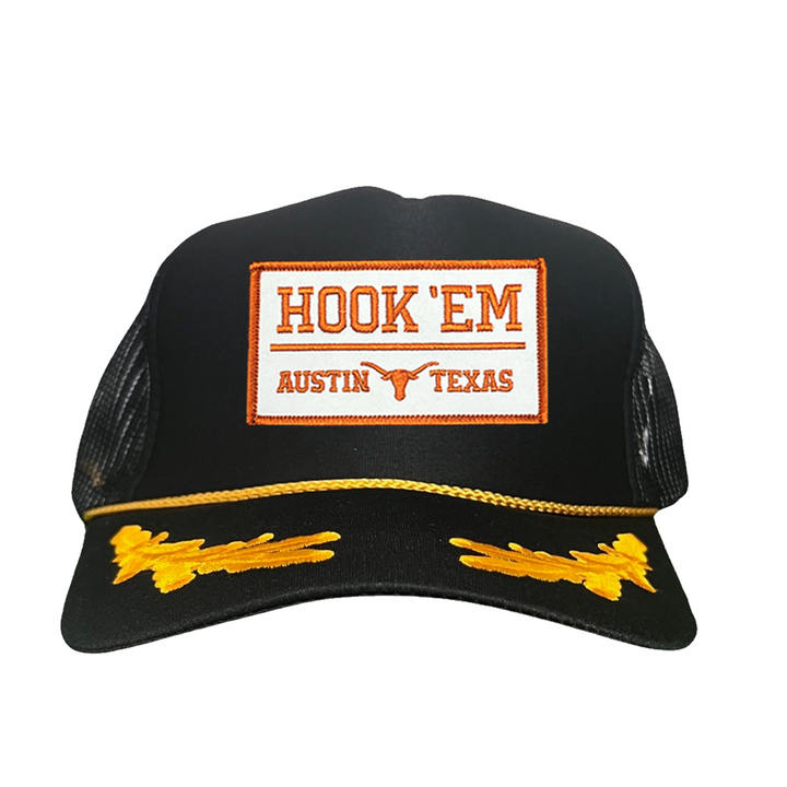 Texas Longhorns HOOK'EM Austin Texas / White - Burnt Orange Rectangle Patch / Hats / 111 / UT9097w / MM