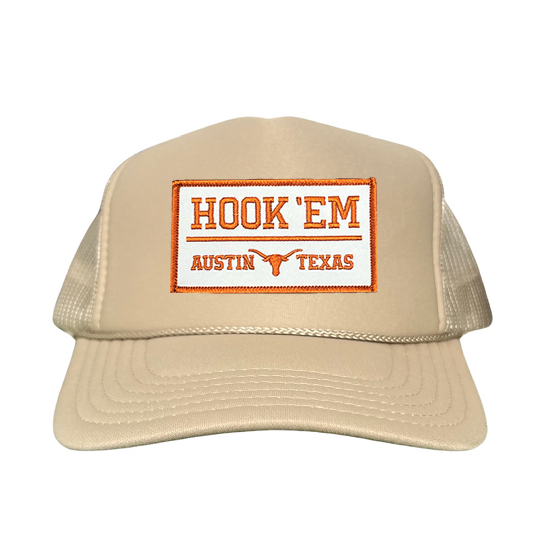 Texas Longhorns HOOK'EM Austin Texas / White - Burnt Orange Rectangle Patch / Hats / 111 / UT9097w / MM